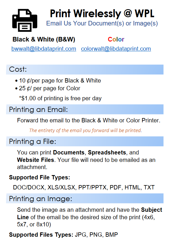 Flyer about printing wirelessly at the Waltham Public Library